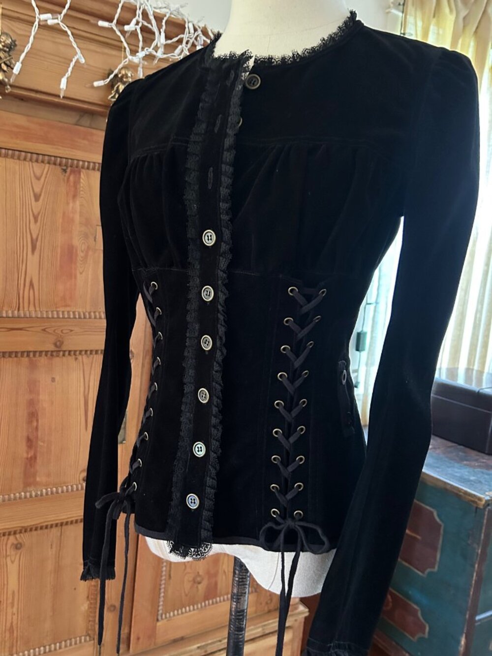 ***SOLD***Vintage Betsey Johnson Button Corset Velvet Blouse/Jacket - Picture 8 of 13